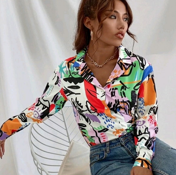 Very beautiful colorblock Curved Hem Tunic Blouse - Picture 5 of 7